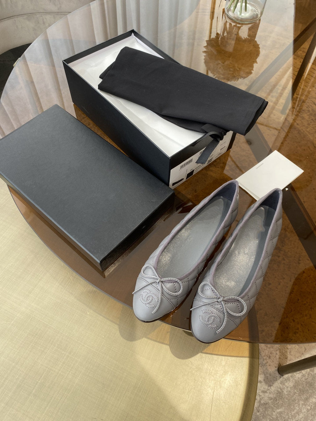 CHANEL BALLET FLATS GREY QUILTED LAMBSKIN
