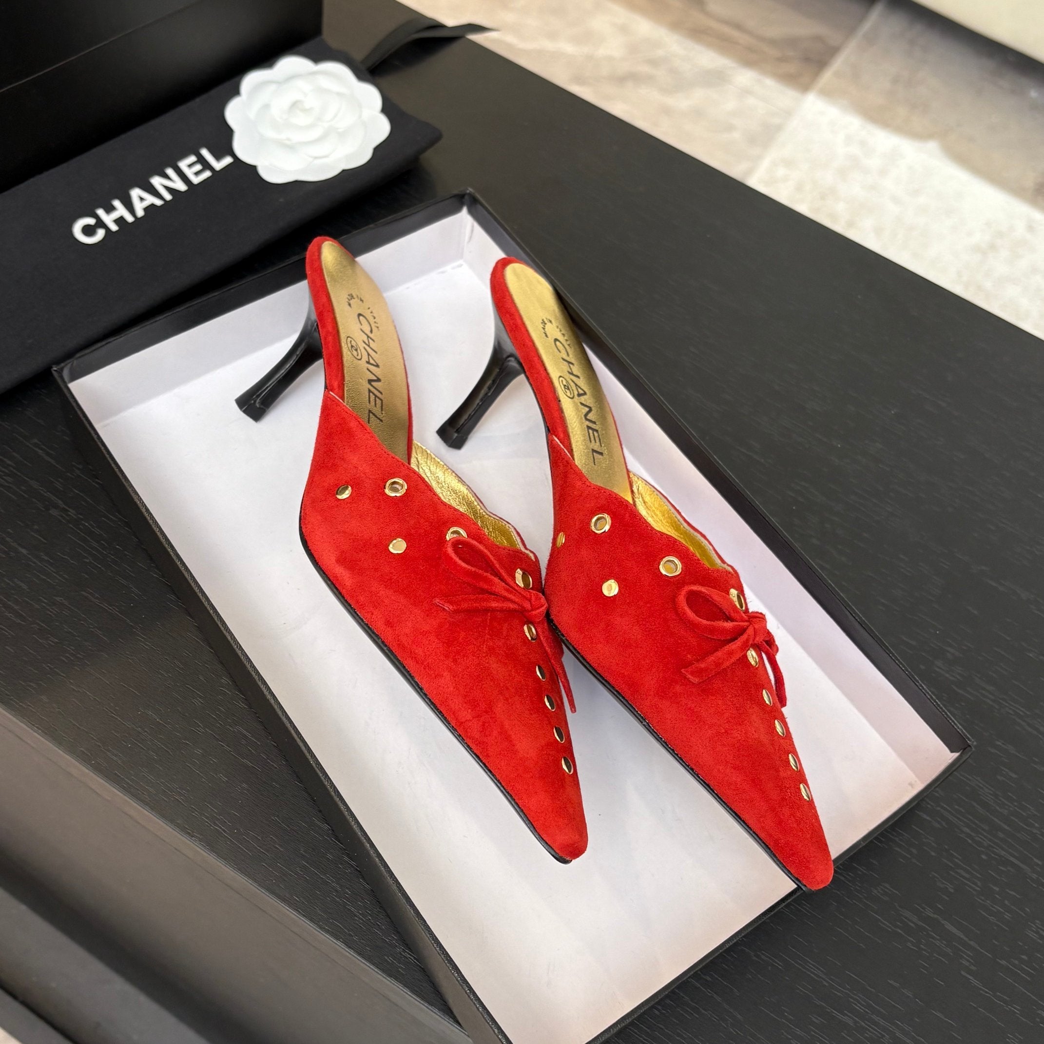 CHANEL HIGH HEEL MULE 65 MM IN CANDY RED SUEDE