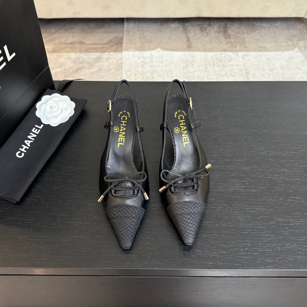 CHANEL HIGH HEEL SLINGBACKS 65 MM IN BLACK WITH SNAKESKIN PATTERN LAMBSKIN
