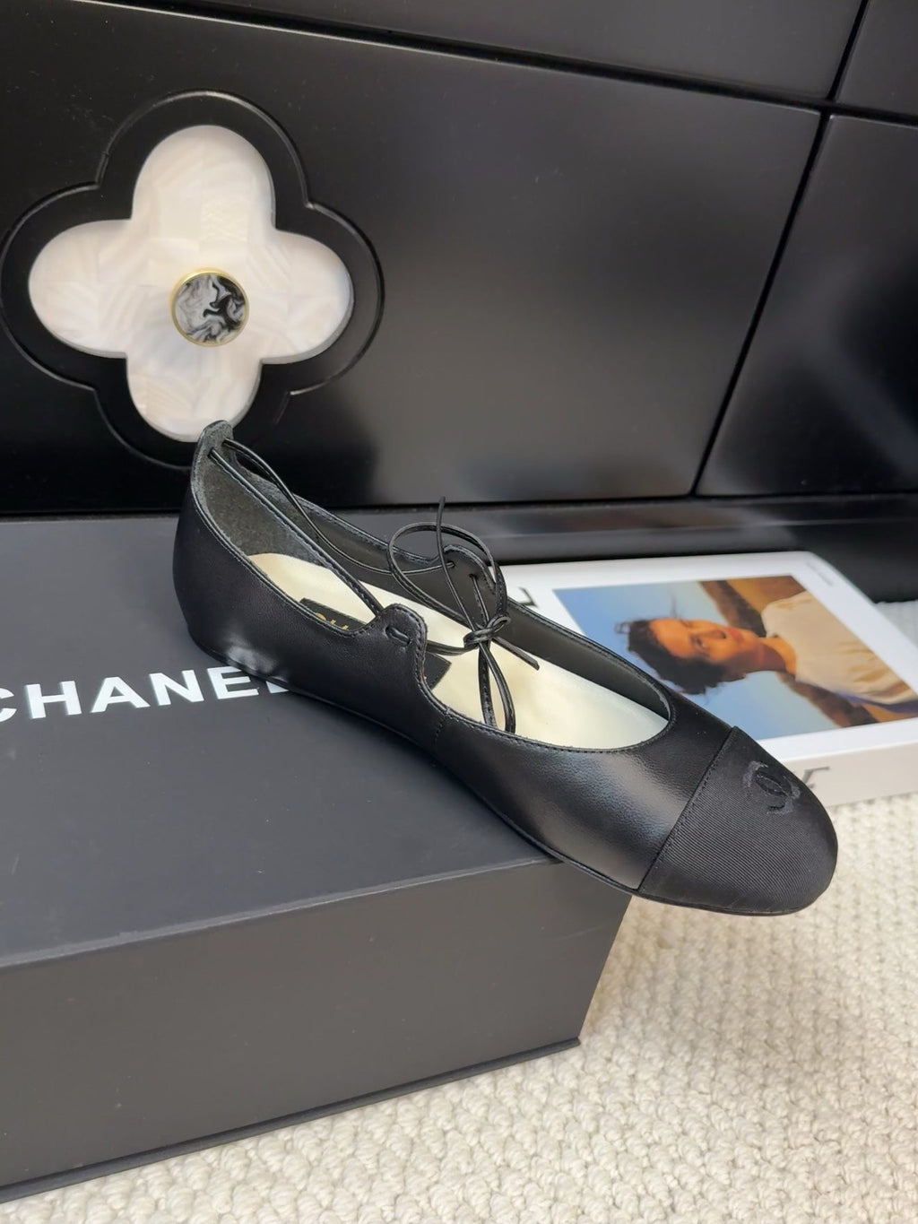 CHANEL FLAT MARY JANE PUMPS BLACK LAMBSKIN