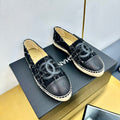 CHANEL ESPADRILLES PLATFORM 25S IN BLACK TWEED AND LAMBSKIN WITH WHITE STRIPES