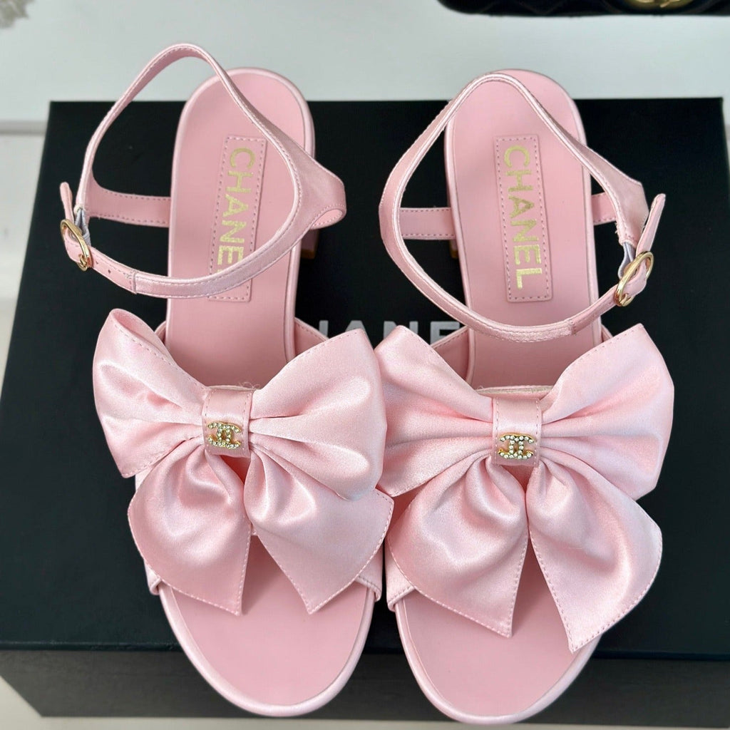 CHANEL Double  Big Bow High Sandal Sheepskin Light Pink