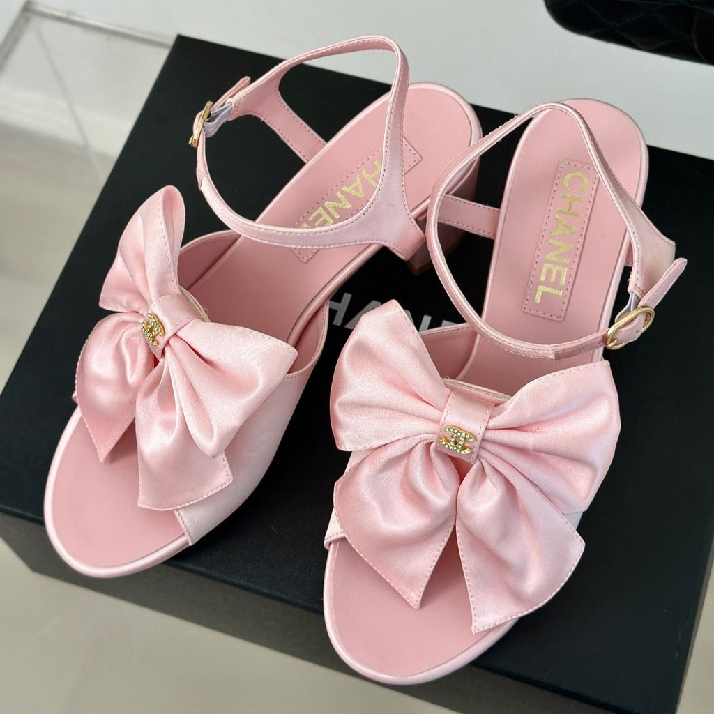 CHANEL Double  Big Bow High Sandal Sheepskin Light Pink