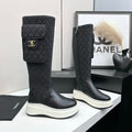 CHANEL 25S WEDGE KNEE-HIGH BOOTS IN BLACK CALFSKIN SILVER HARDWARE